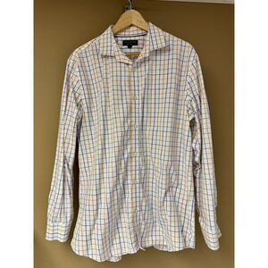 Banana Republic Classic Plaid Button-Down Dress Shirt White Blue Orange Check XL